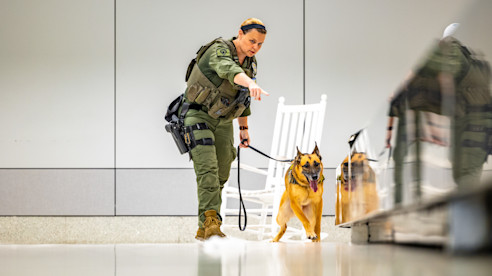 Oficial hace una señal mientras guía a un perro K-9 durante una inspección en el aeropuerto, cerca de asientos.