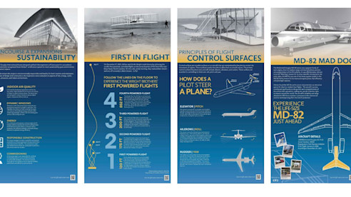 Informational signage at an airport detailing sustainability, the Wright brothers' first flight, flight control surfaces, and the MD-82 aircraft.