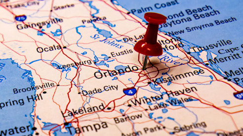 Connections 0124 +Orlando+-+closeup-shot-of-a-traveling-red-push-pin-on-a-map