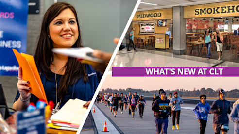 Collage showing airport staff, new dining options at CLT, and runners participating in an airport runway event.