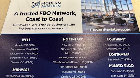 Modern Aviation flyer listing FBO locations across the U.S. and Puerto Rico with a photo of an airport lounge.