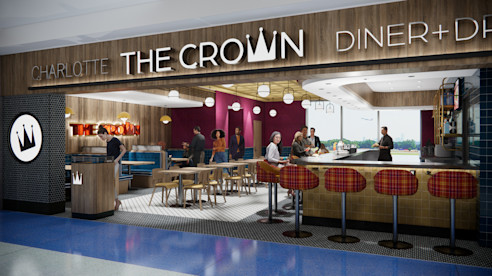 A stylish airport diner with modern decor, warm lighting, and a lively atmosphere welcomes travelers.