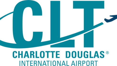 Logotipo de CLT del Aeropuerto Internacional Charlotte Douglas con un avión estilizado.
